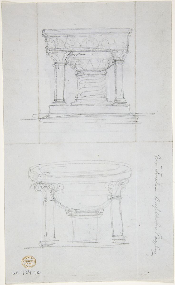 One Font and Plan (recto); Two Romanesque Style Fonts (verso), Anonymous, British, 19th century, Recto: pen and ink, brush and wash, over graphite, on pale blue paper
Verso: graphite