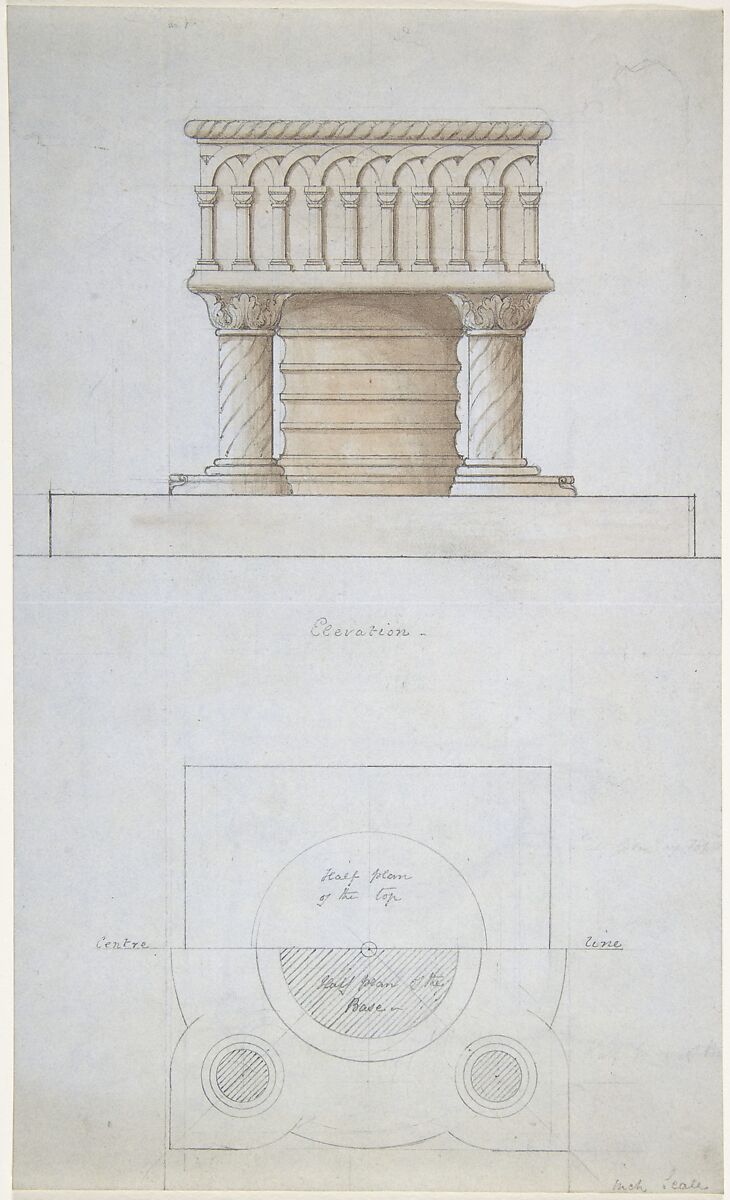 One Font and Plan (recto); Two Romanesque Style Fonts (verso), Anonymous, British, 19th century, Recto: pen and ink, brush and wash, over graphite, on pale blue paper
Verso: graphite 
