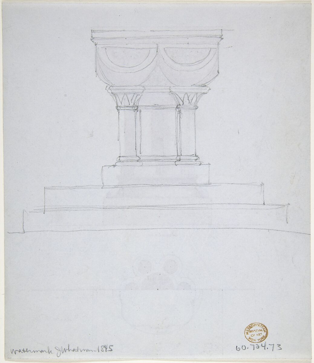 Romanesque Style Font and Plan (recto); One Font (verso), Anonymous, British, 19th century, Pen and ink, brush and wash, over graphite, on pale blue paper