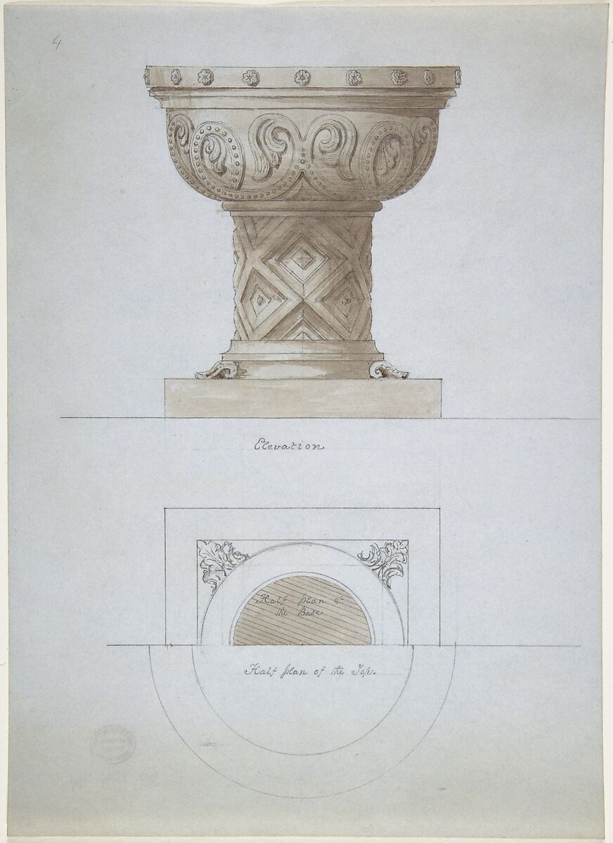 Romanesque Style Font and Plan, Anonymous, British, 19th century, Pen and ink, brush and wash, over graphite, on pale blue paper 