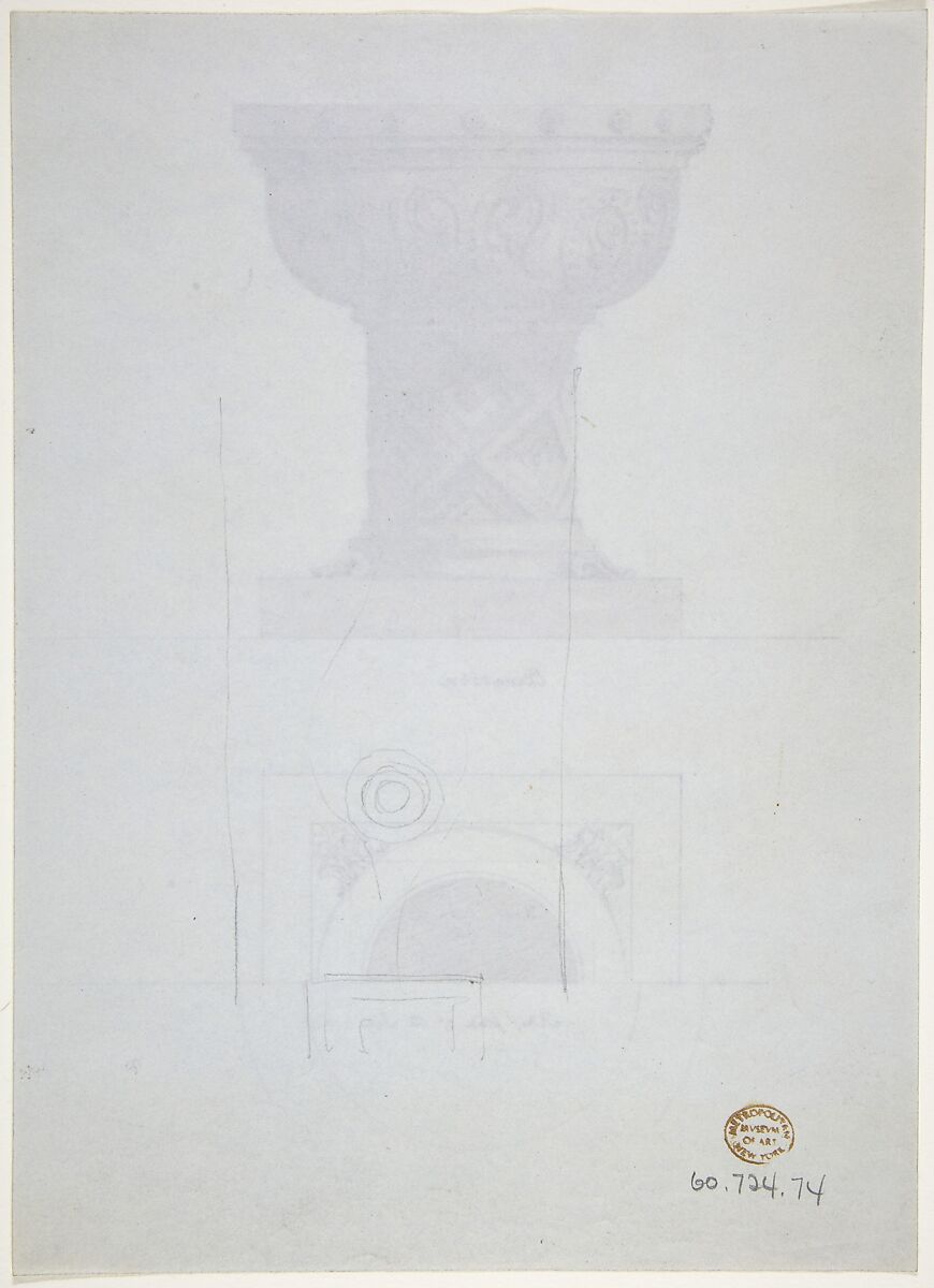Romanesque Style Font and Plan, Anonymous, British, 19th century, Pen and ink, brush and wash, over graphite, on pale blue paper