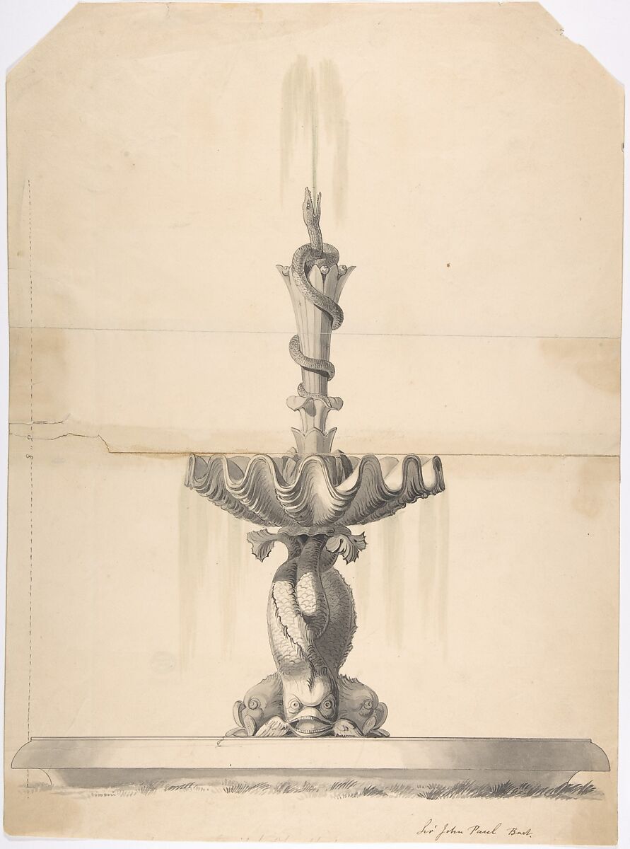 Design for a Fountain with a Shell Basin Supported by Three Dolphins and Surmounted by a Snake Spouting Water, Anonymous, British, 19th century, Pen and ink, brush and wash 