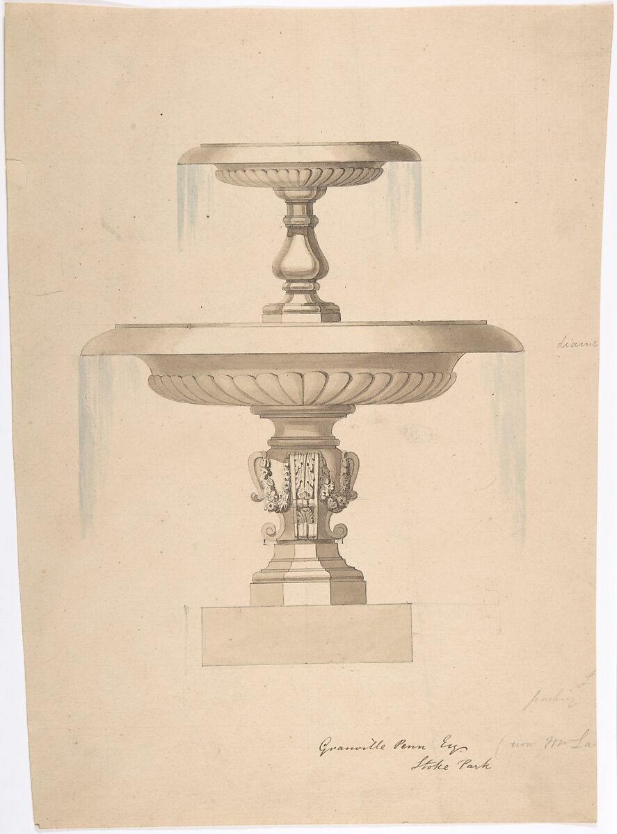 Design for a Fountain with Two Basins (recto); Another design (verso), Anonymous, British, 19th century, Pen and ink, brush and wash 