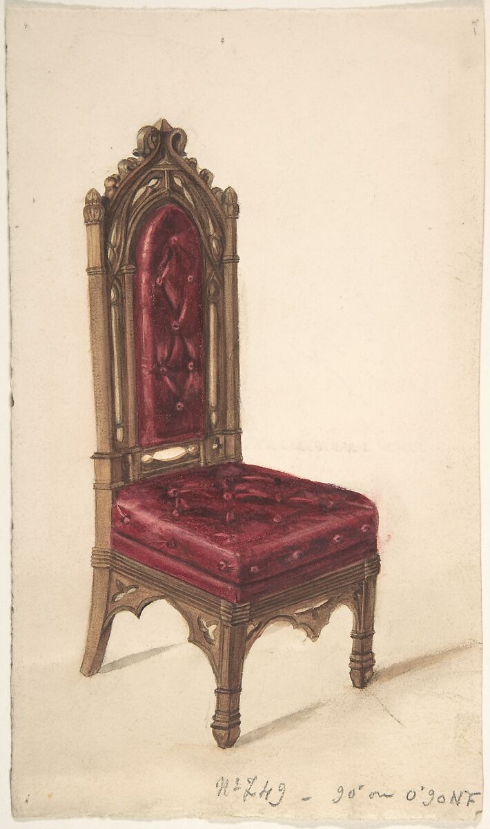 Gothic Style Chair with Dark Wood Frame and Maroon Upholstery, Anonymous, British, 19th century, Watercolor 