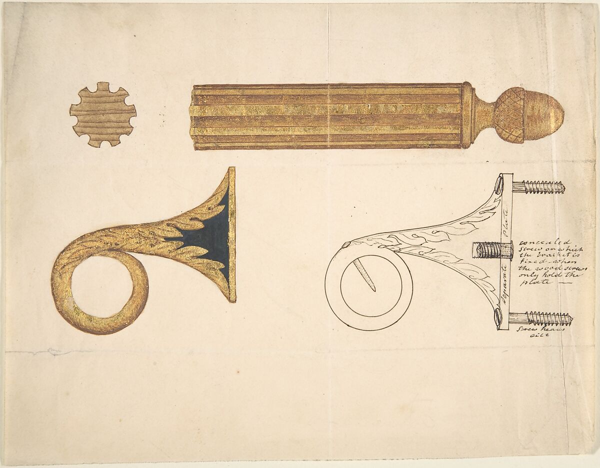 Design for a Bracket and Rod for Drapery, Anonymous, British, 19th century, Pen and ink, brush and wash and watercolor 