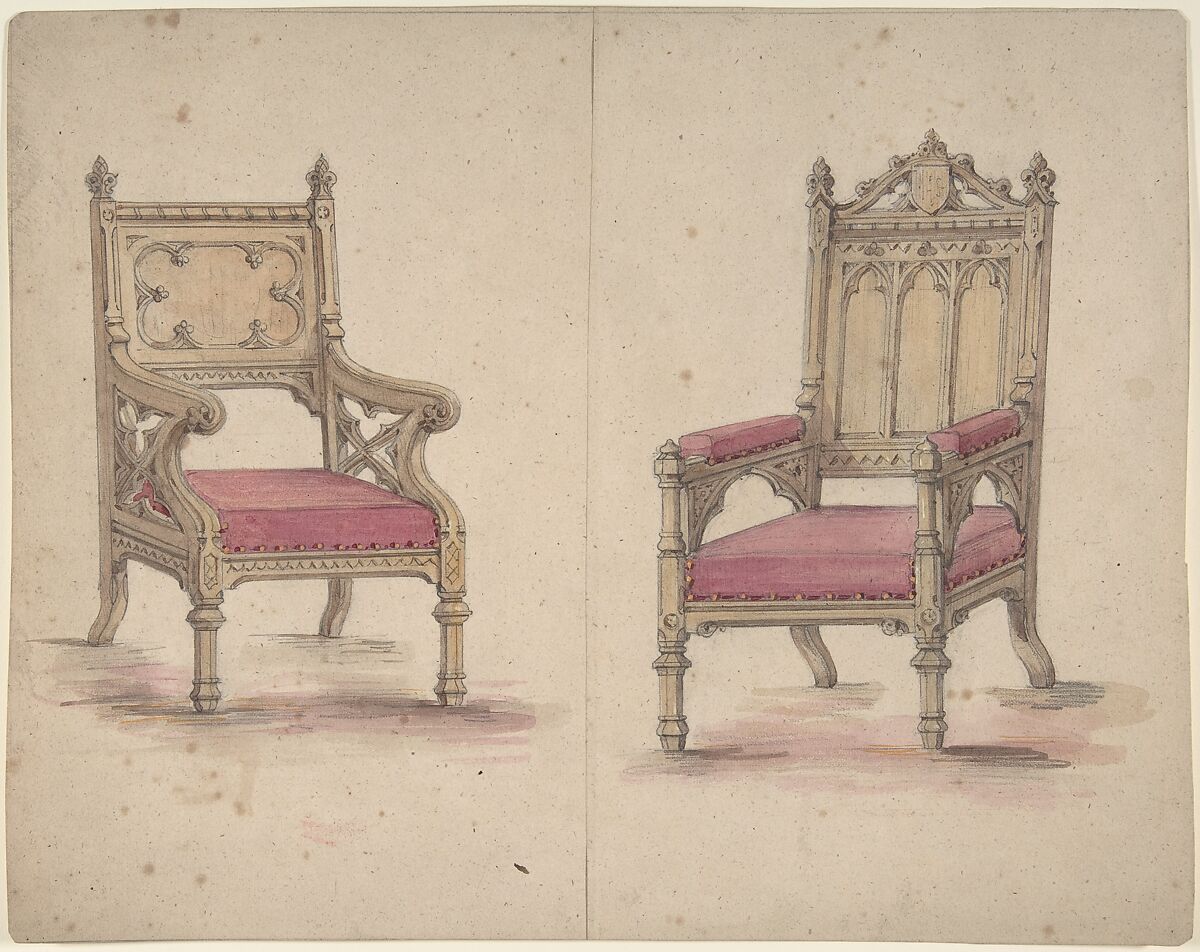 Designs for Two Gothic Style Chairs, Anonymous, British, 19th century ?, Graphite and watercolor 