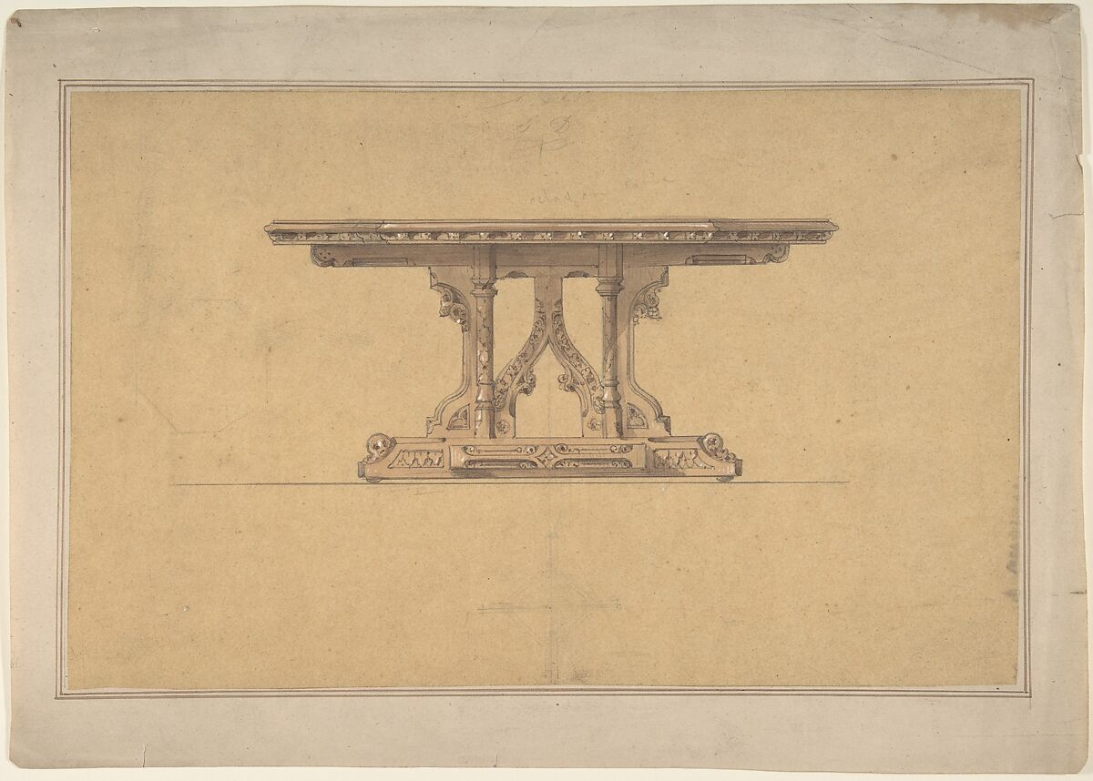 Design for a Gothic Style Table, Anonymous, British, 19th century, Graphite and watercolor on tracing paper