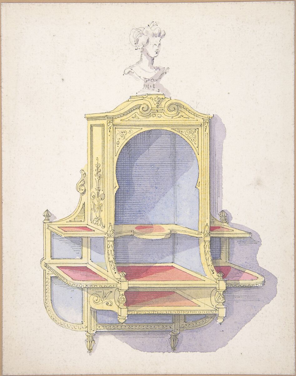 Design for Hanging Shelves, Anonymous, British, 19th century, Pen and ink, watercolor and gouache (bodycolor) 