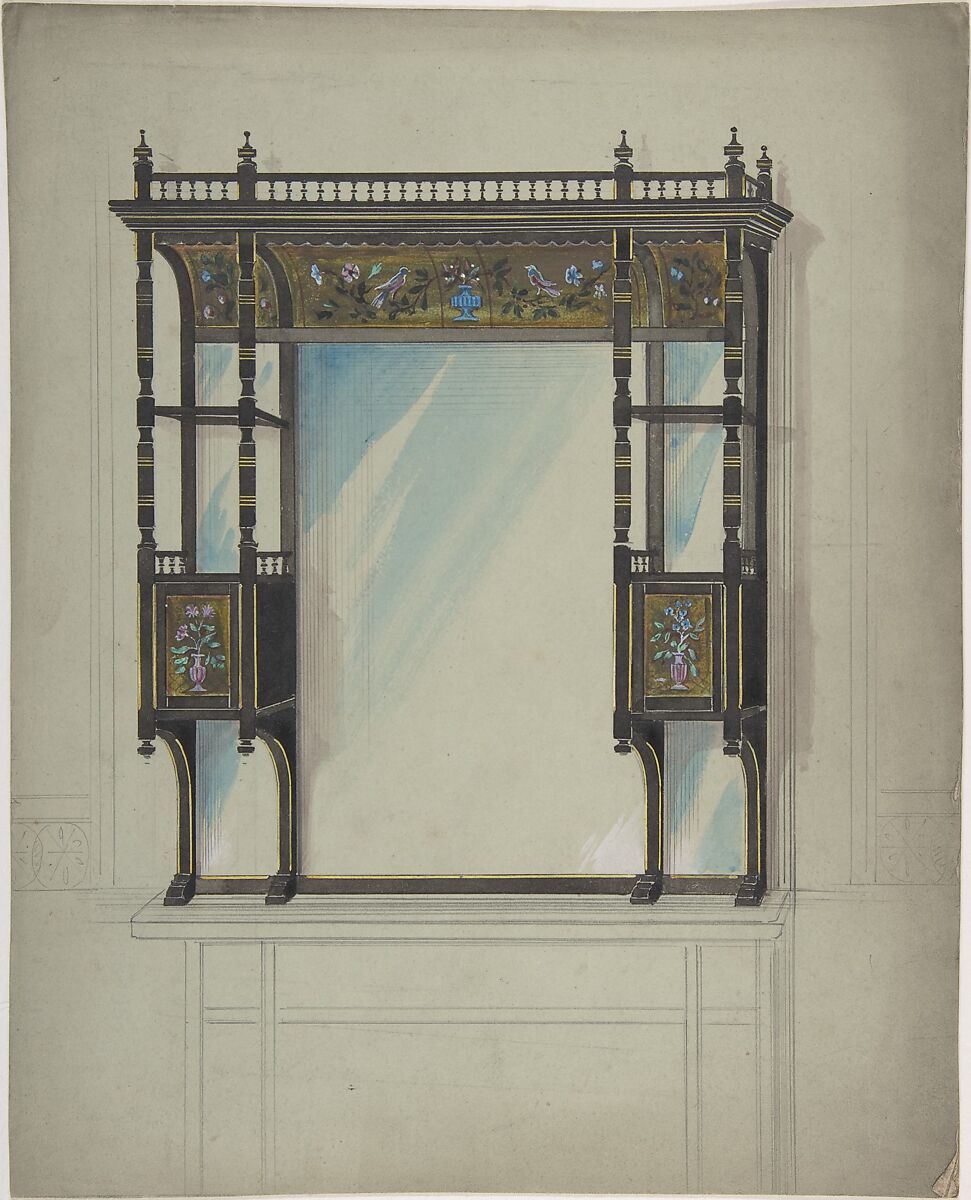 Design for a Mirror over a Mantel, Anonymous, British, 19th century, Pen and ink, watercolor and gouache (bodycolor) 