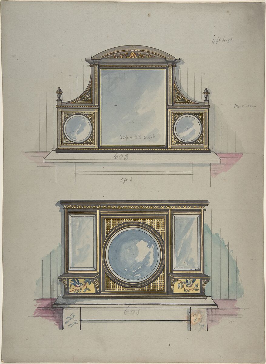 Design for Two Mirrors over Mantels, Anonymous, British, 19th century, Pen and ink, watercolor and gouache (bodycolor) 
