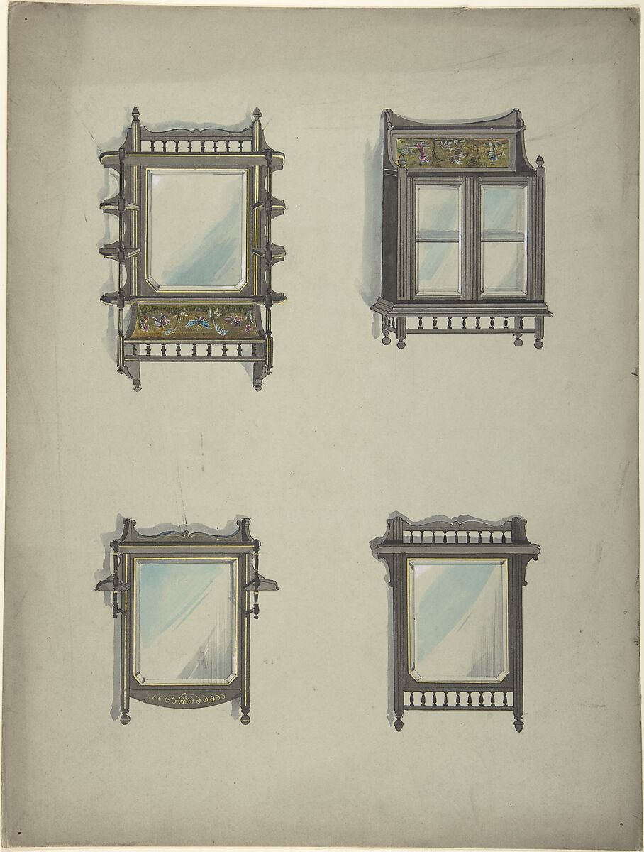 Design for Four Hanging Mirrors, Anonymous, British, 19th century, Pen and ink, watercolor and gouache (bodycolor) 