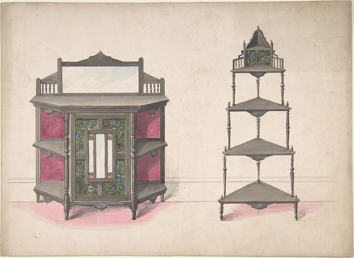 Design for a Mirrored Cabinet and a Set of Corner Shelves, Anonymous, British, 19th century, Pen and ink, watercolor and gouache (bodycolor) 