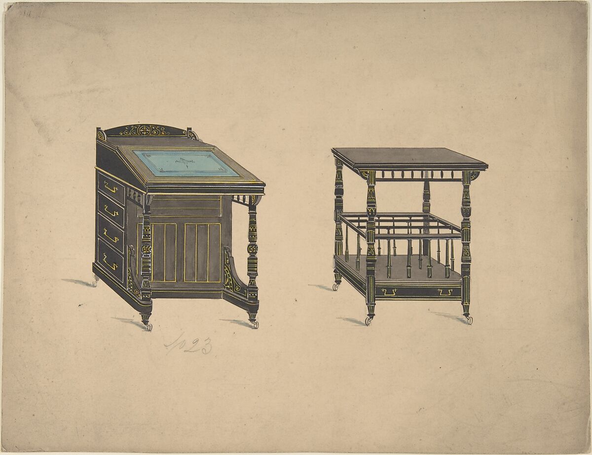 Design for a Desk on Wheels and a Canterbury Table on Wheels, Anonymous, British, 19th century, Pen and ink, watercolor and gouache (bodycolor) 