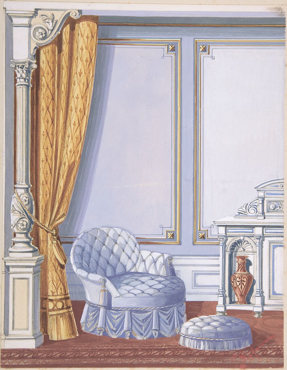 Interior Design for a Gray Curtained Alcove, with an Uphostered Armchair, Ottoman and Cabinet, Anonymous, British, 19th century, Gouache 