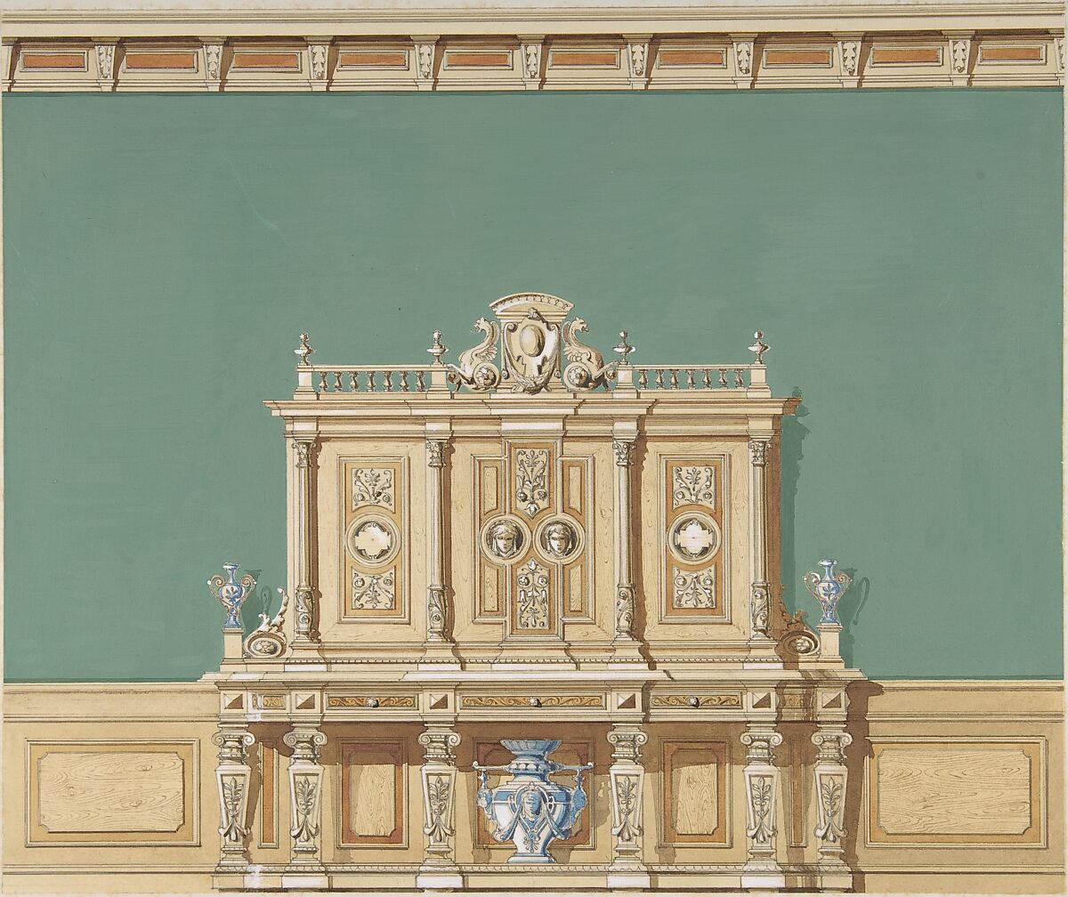 Interior Design with a Large Renaissance Style Cabinet against a Green Wall, Anonymous, British, 19th century, Gouache 