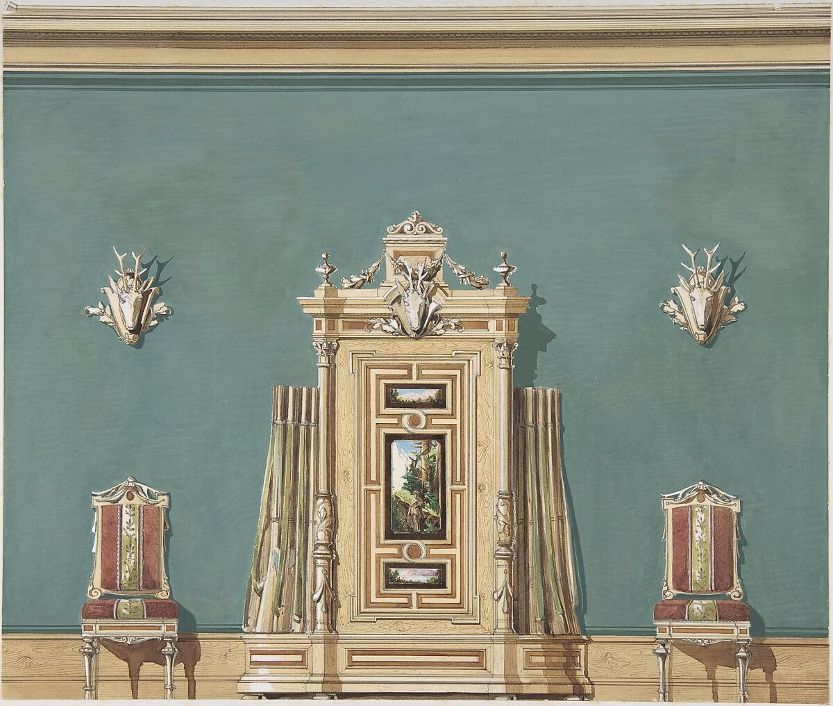 Interior Design witha Gun Cabinet and Two Chairs against a Green Wall Adorned with Trophies, Anonymous, British, 19th century, Gouache 
