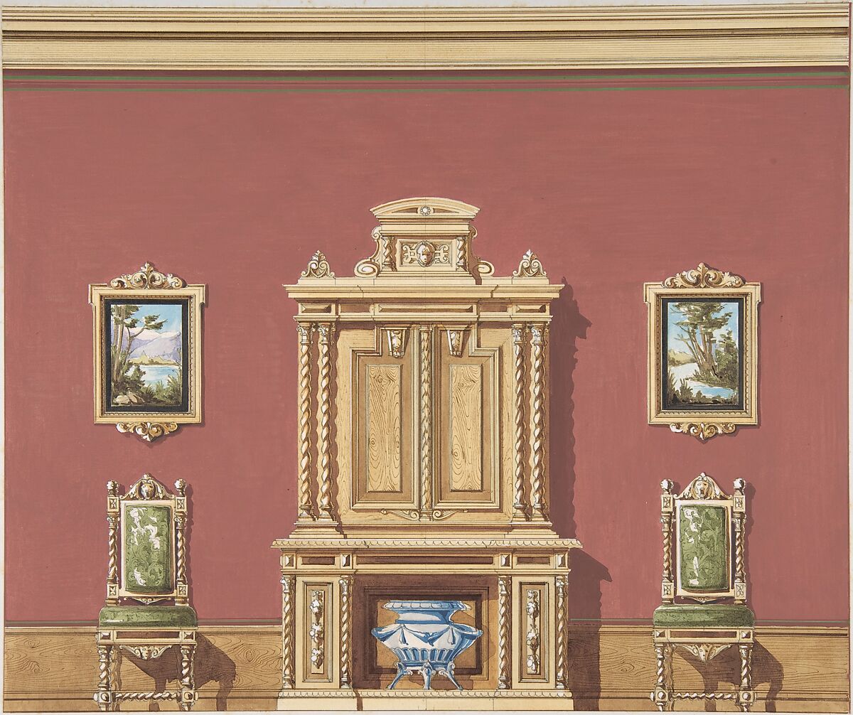 Interior Design with a Central Cabinet, Two Chairs and Two Landscape Paintings against a Red Wall, Anonymous, British, 19th century, Gouache 