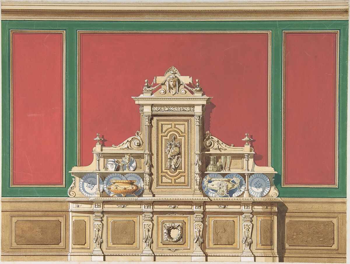 Interior Design for Large Display Cabinet against Red and Green Panelling, Anonymous, British, 19th century, Gouache 