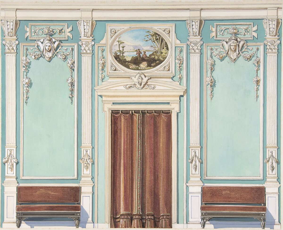 Interior Design with a Central Door with Brown Curtains Flanked by Benches, against an Aquamarine Wall, with an Overdoor Painting, Anonymous, British, 19th century, Gouache 
