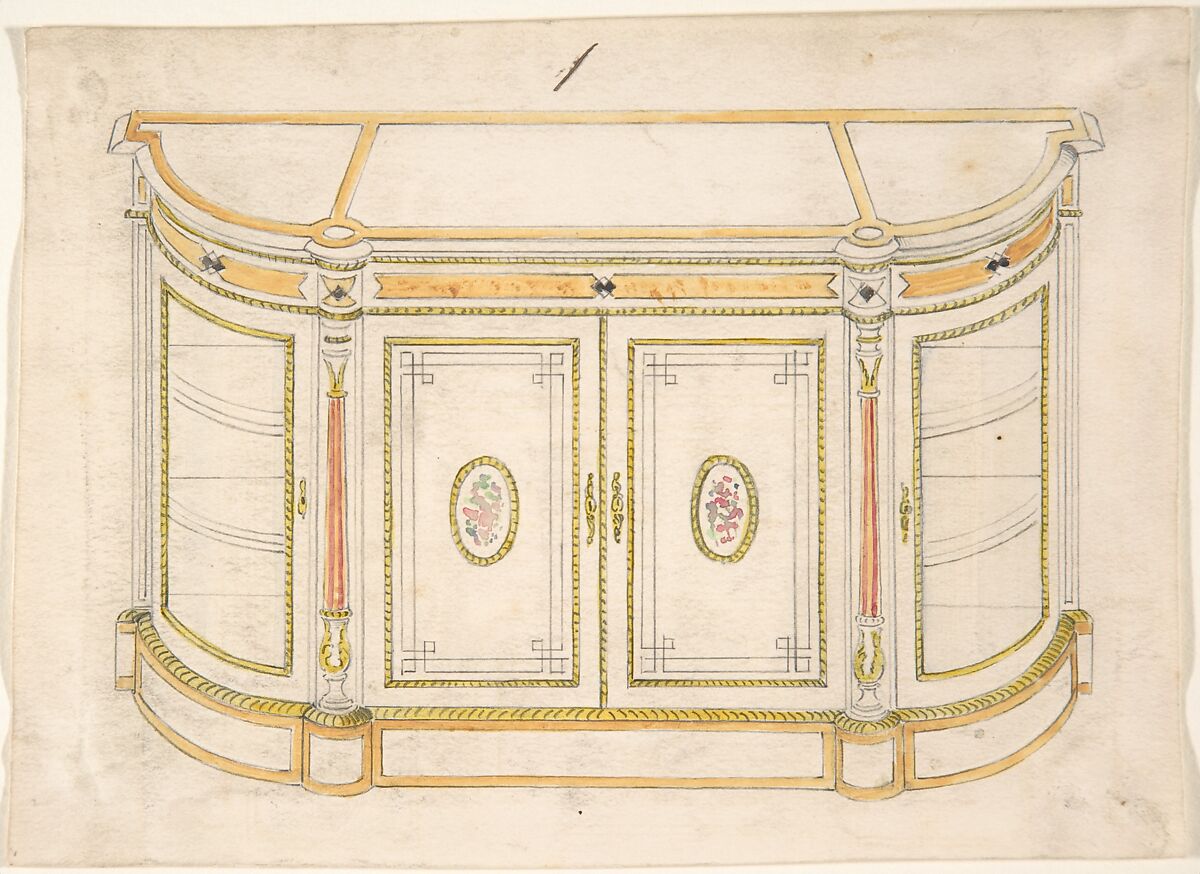 Cabinet Design, Anonymous, British, 19th century, Pen and ink and watercolor over graphite 