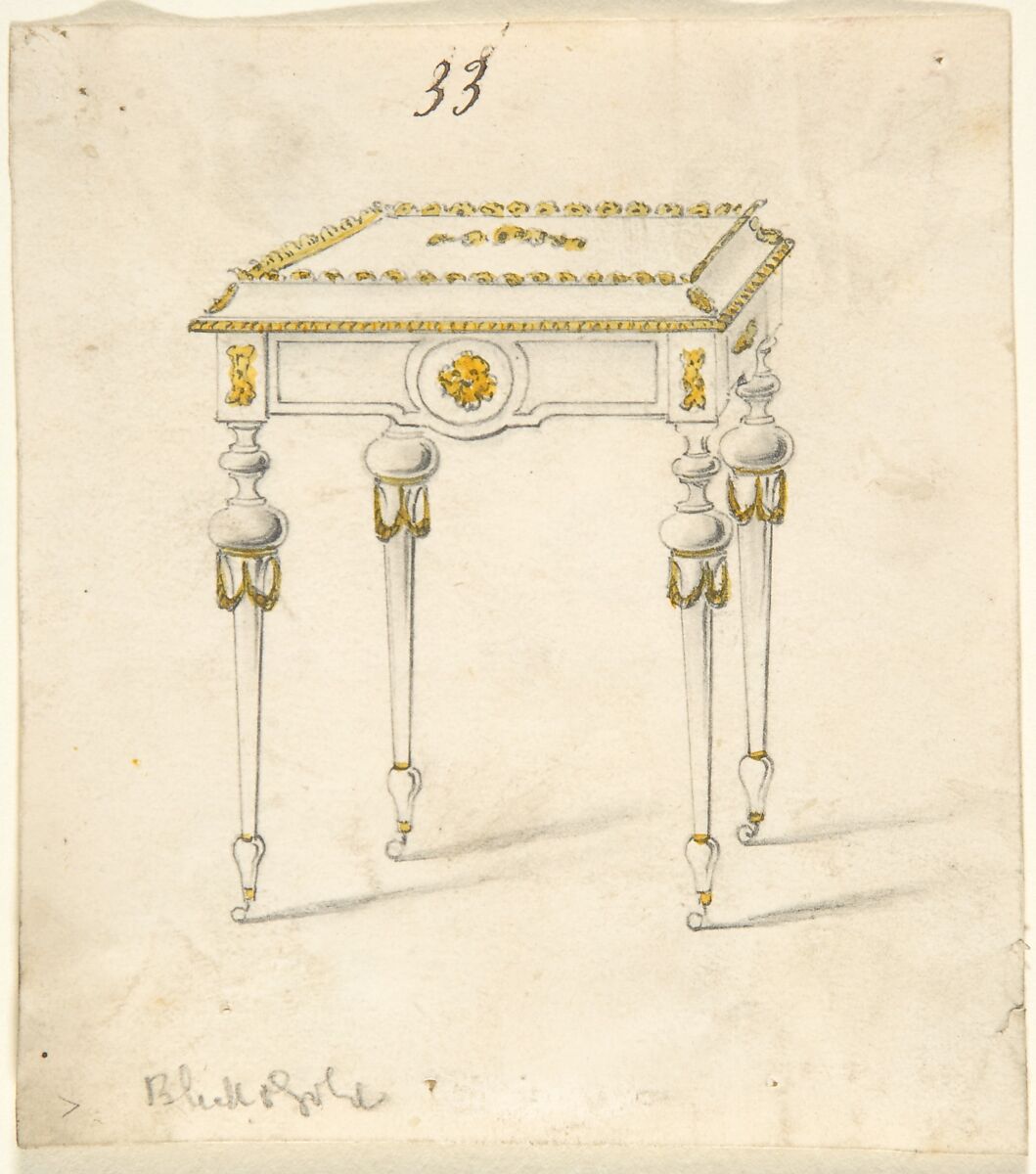 Design for a Small Table on Casters, Anonymous, British, 19th century, Pen and ink and watercolor over graphite 