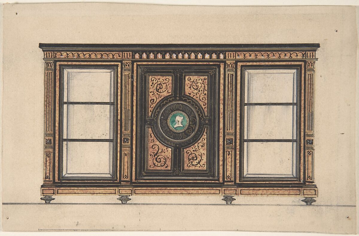 Design for a Cabinet with Portrait Rondel, Anonymous, British, 19th century, Pen and ink and watercolor over graphite 