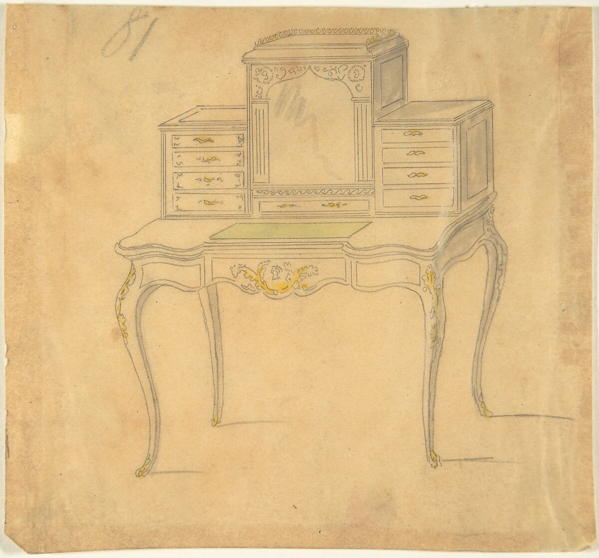 Design for a Desk, Anonymous, British, 19th century, Graphite and watercolor on tracing paper