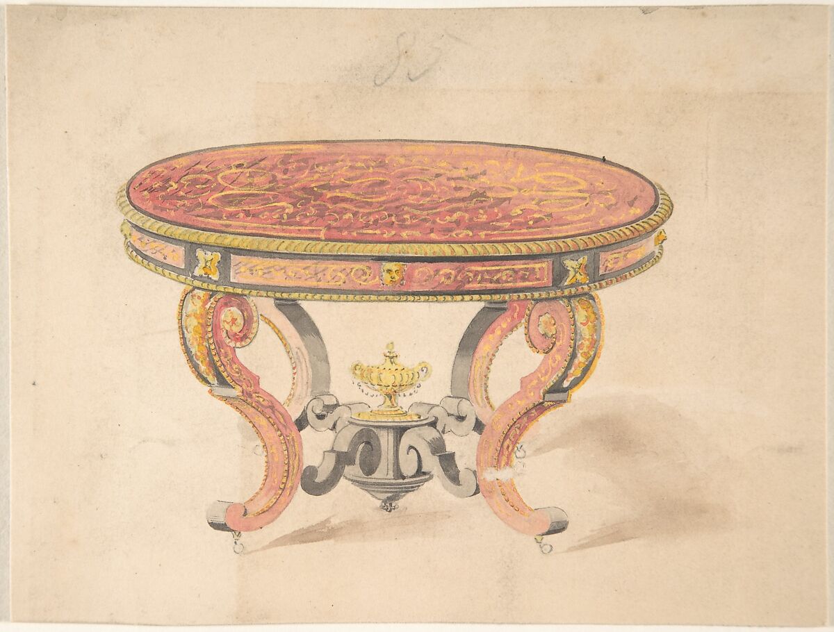 Design for a Round Renaissance Style Table, Anonymous, British, 19th century, Pen and ink and watercolor 