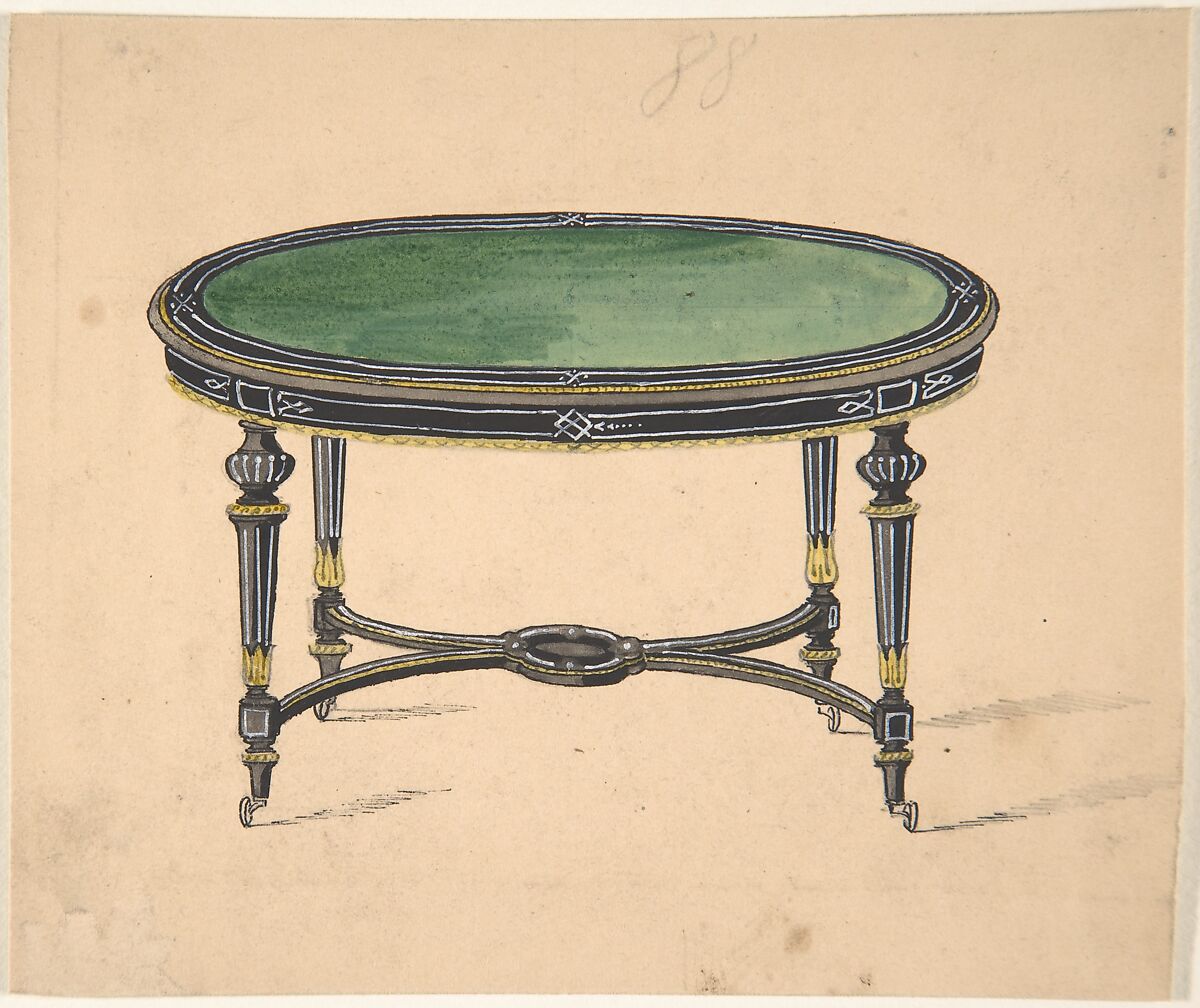 Design for a Round or Oval Table with a Green Top and Black and Gold Sides and Legs, Anonymous, British, 19th century, Pen and ink and watercolor 