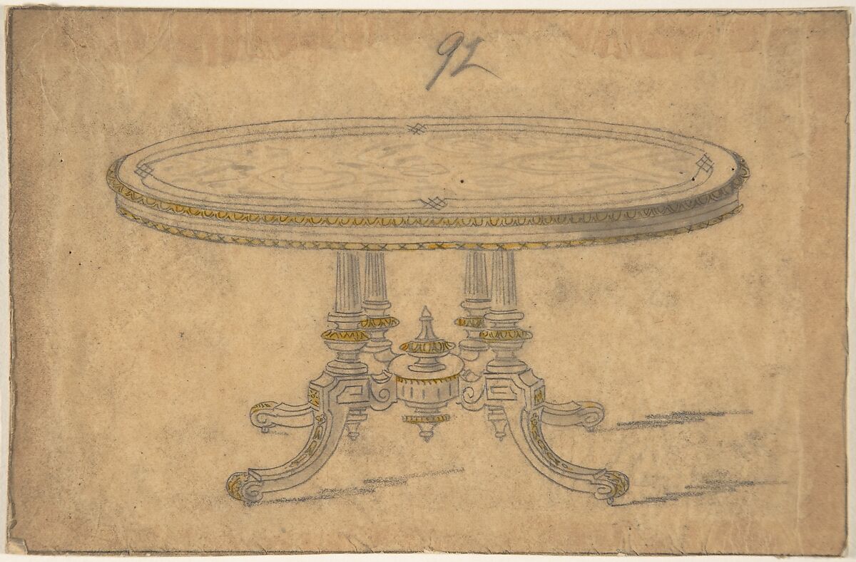 Design for a Round or Oval Renaissance Style Table, Anonymous, British, 19th century, Graphite, brush and wash, on tracing paper 
