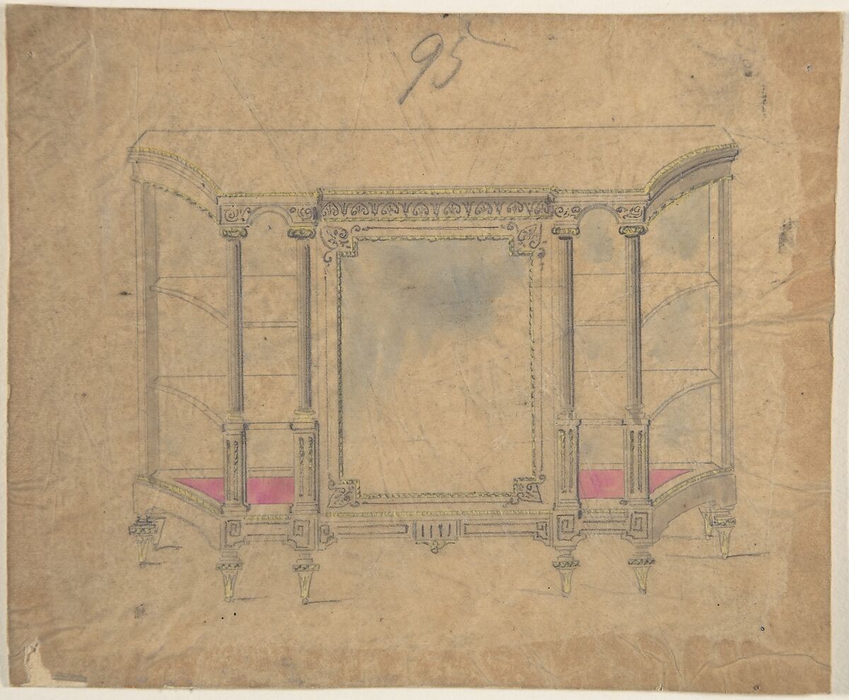 Cabinet Design, Anonymous, British, 19th century, Graphite and watercolor on tracing paper 