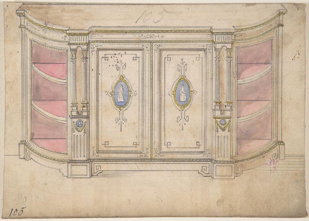 Cabinet Design with Doors Adorned with Porcelain Plaques, Anonymous, British, 19th century, Pen and ink and watercolor 