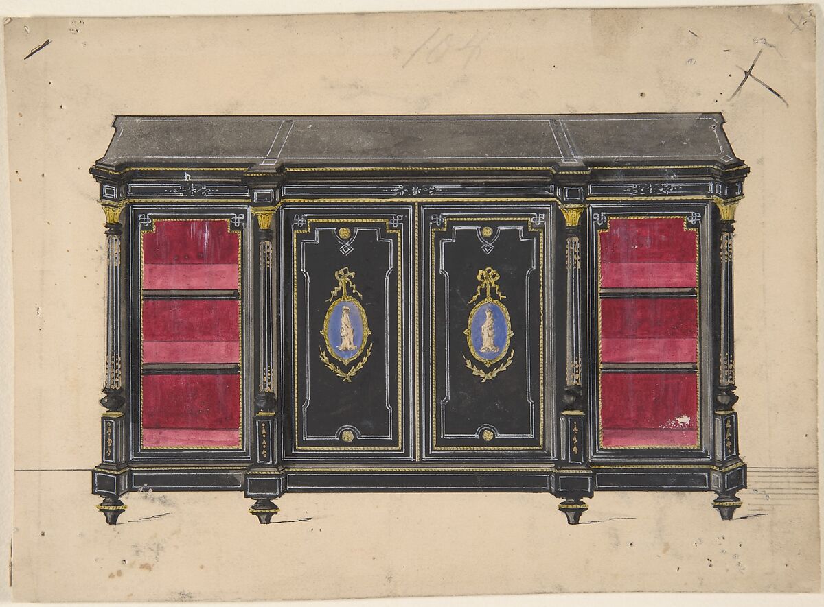 Cabinet Design with Porcelain Plaques and Red Interior, Anonymous, British, 19th century, Pen and ink and watercolor 
