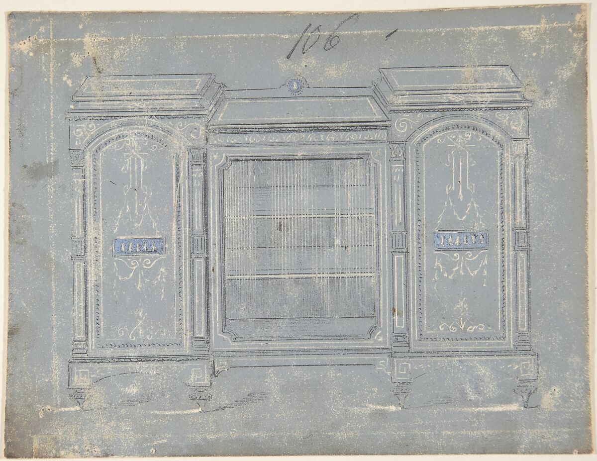 Cabinet Design, Anonymous, British, 19th century, Pen and ink, watercolor and scratching on gray ground 
