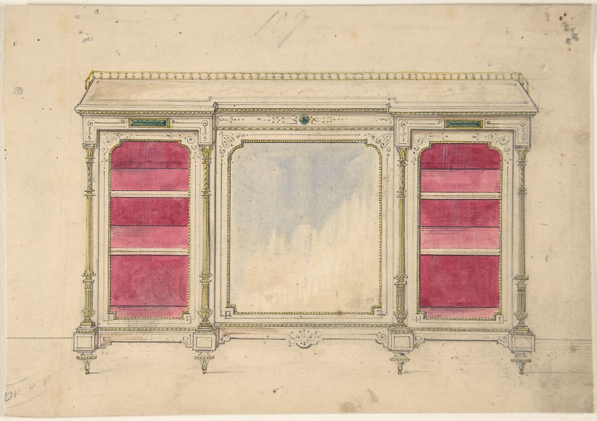 Cabinet Design with a Mirrored Front and Red Shelves, Anonymous, British, 19th century, Pen and ink and watercolor over graphite 