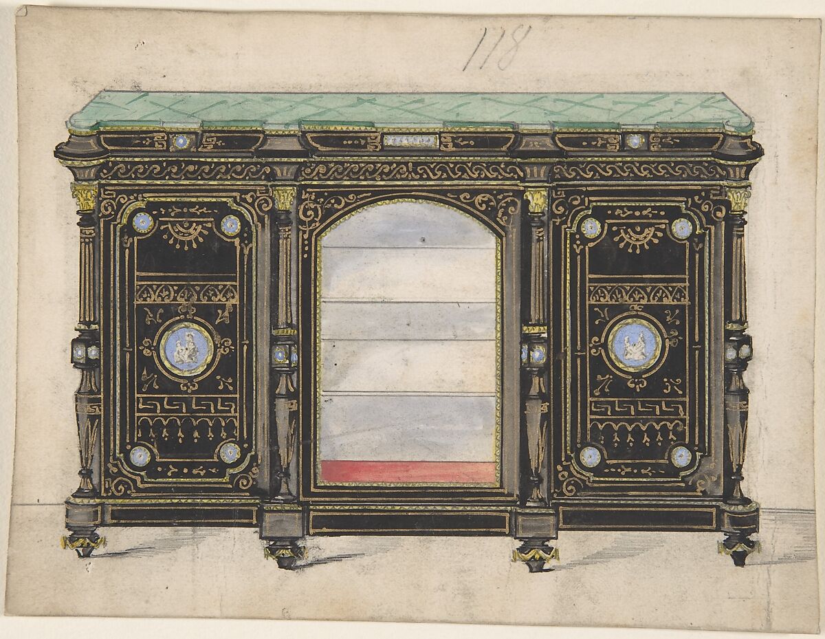 Cabinet Design with Glass Front, its Doors Adorned with Porcelain Plaques, with a Green Top, Anonymous, British, 19th century, Pen and ink and watercolor 