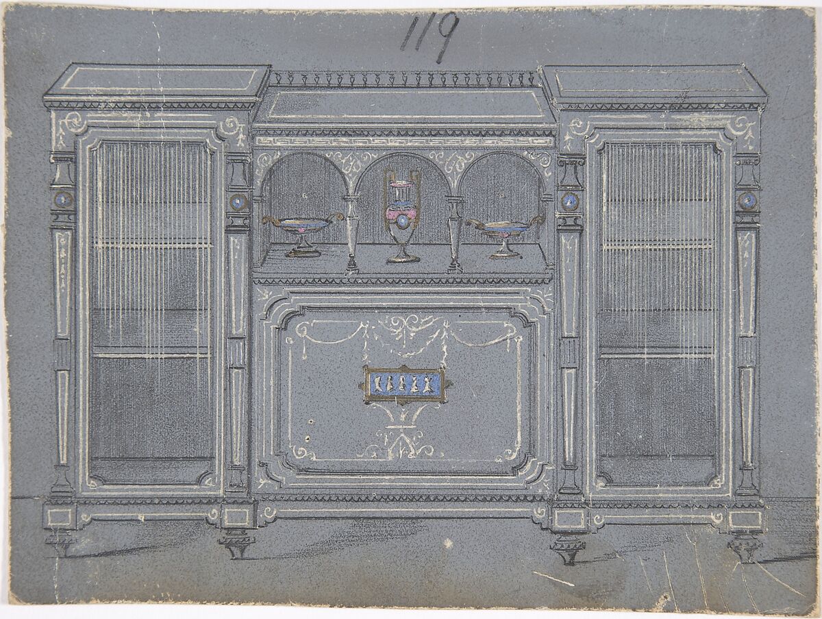 Cabinet Design with a Porcelain Plaque, Anonymous, British, 19th century, Graphite, watercolor and scratching on gray ground 