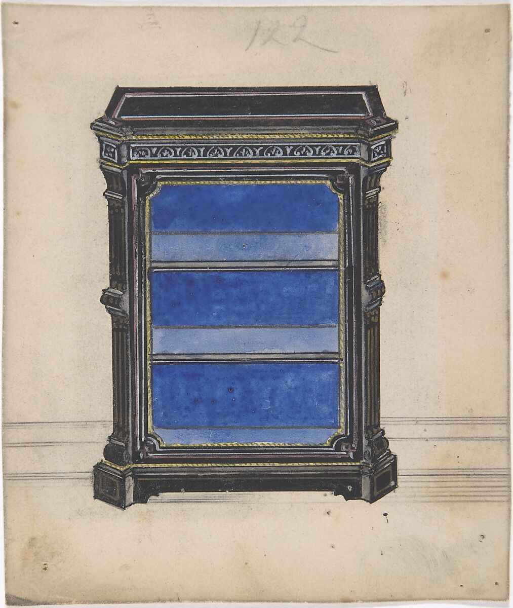 Design for a Black Cabinet with a Blue Interior, Anonymous, British, 19th century, Pen and ink and watercolor 
