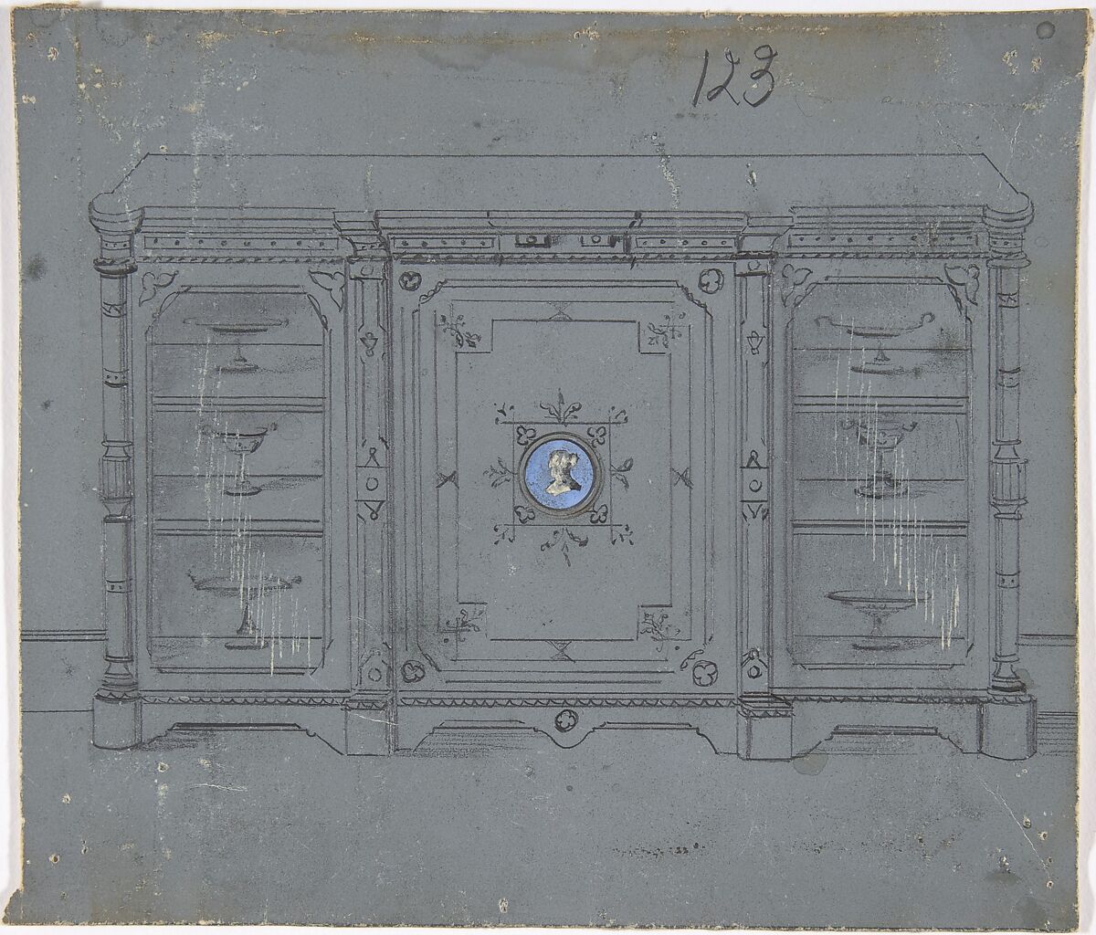 Design for a Cabinet witha Porcelain Plaque on the Center Panel, Anonymous, British, 19th century, Graphite, watercolor and scratching on gray ground 