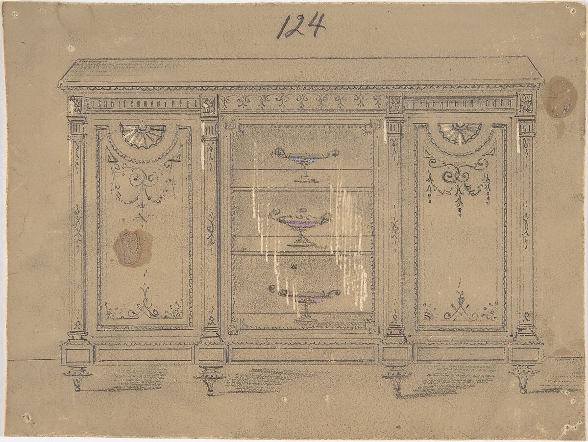 Cabinet Design with Glass Center Door, Anonymous, British, 19th century, Graphite, watercolor and scratching on beige ground 