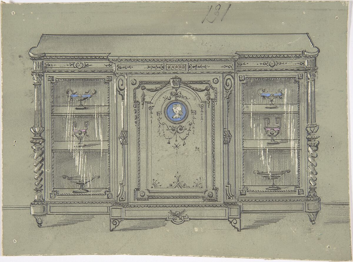 Design for a Cabinet with Glass Doors and a Porcelain Plaque, Anonymous, British, 19th century, Graphite, watercolor and scratching on green ground 
