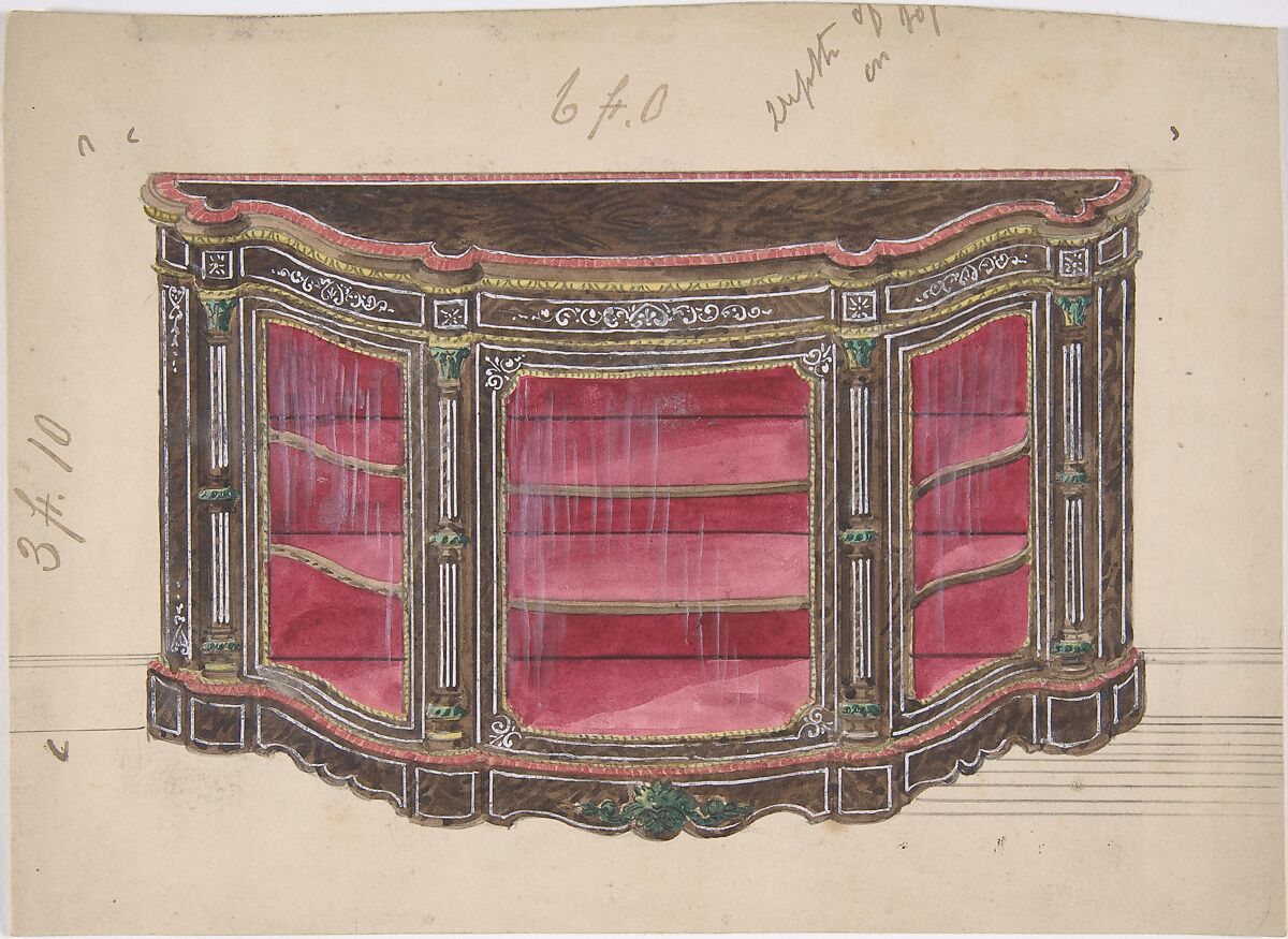 Design for a Glass Fronted Cabinet with Red Interior, Anonymous, British, 19th century, Pen and ink and watercolor