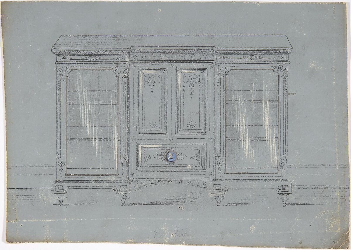 Design for a Cabinet with Glass Side Doors and a Porcelain Plaque, Anonymous, British, 19th century, Graphite, watercolor and scratching on gray ground 