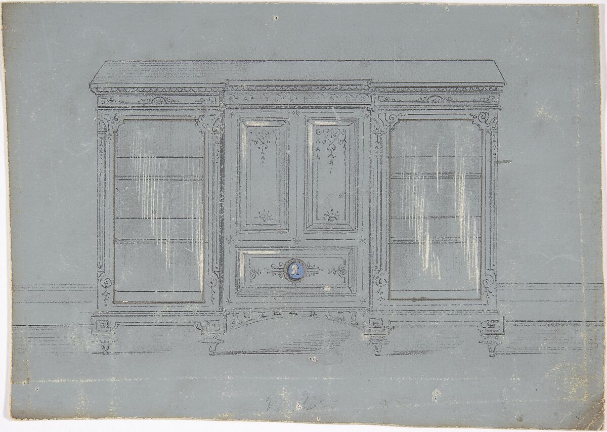 Design for a Cabinet with Glass Side Doors and a Porcelain Plaque, Anonymous, British, 19th century, Graphite, watercolor and scratching on gray ground 