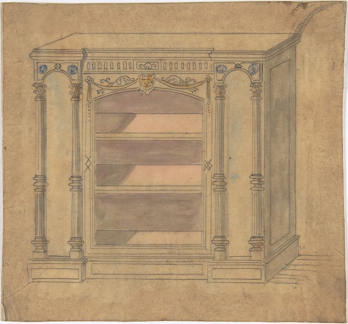 Cabinet Design with Central Shelves, Anonymous, British, 19th century, Graphite and watercolor on tracing paper 