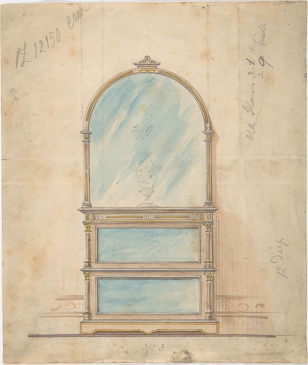 Design for a Mirror-fronted Cabinet Topped with a Mirror, Anonymous, British, 19th century, Pen and ink and watercolor 