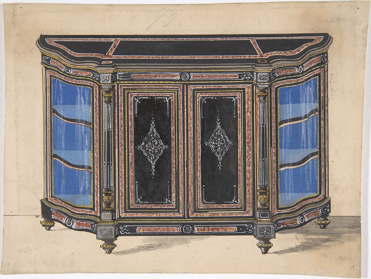 Design for a Cabinet with a Black Top and Blue Interior, Anonymous, British, 19th century, Pen and ink and watercolor