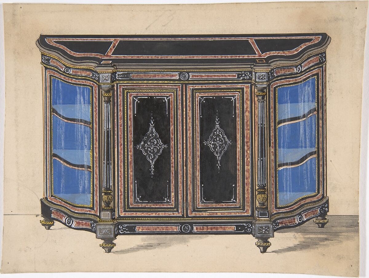 Design for a Cabinet with a Black Top and Blue Interior, Anonymous, British, 19th century, Pen and ink and watercolor 