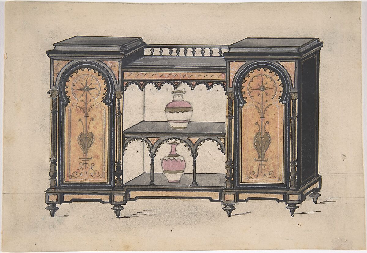 Design for a Cabinet with Two Central Shelves and Arched Doors, Anonymous, British, 19th century, Pen and ink and watercolor 