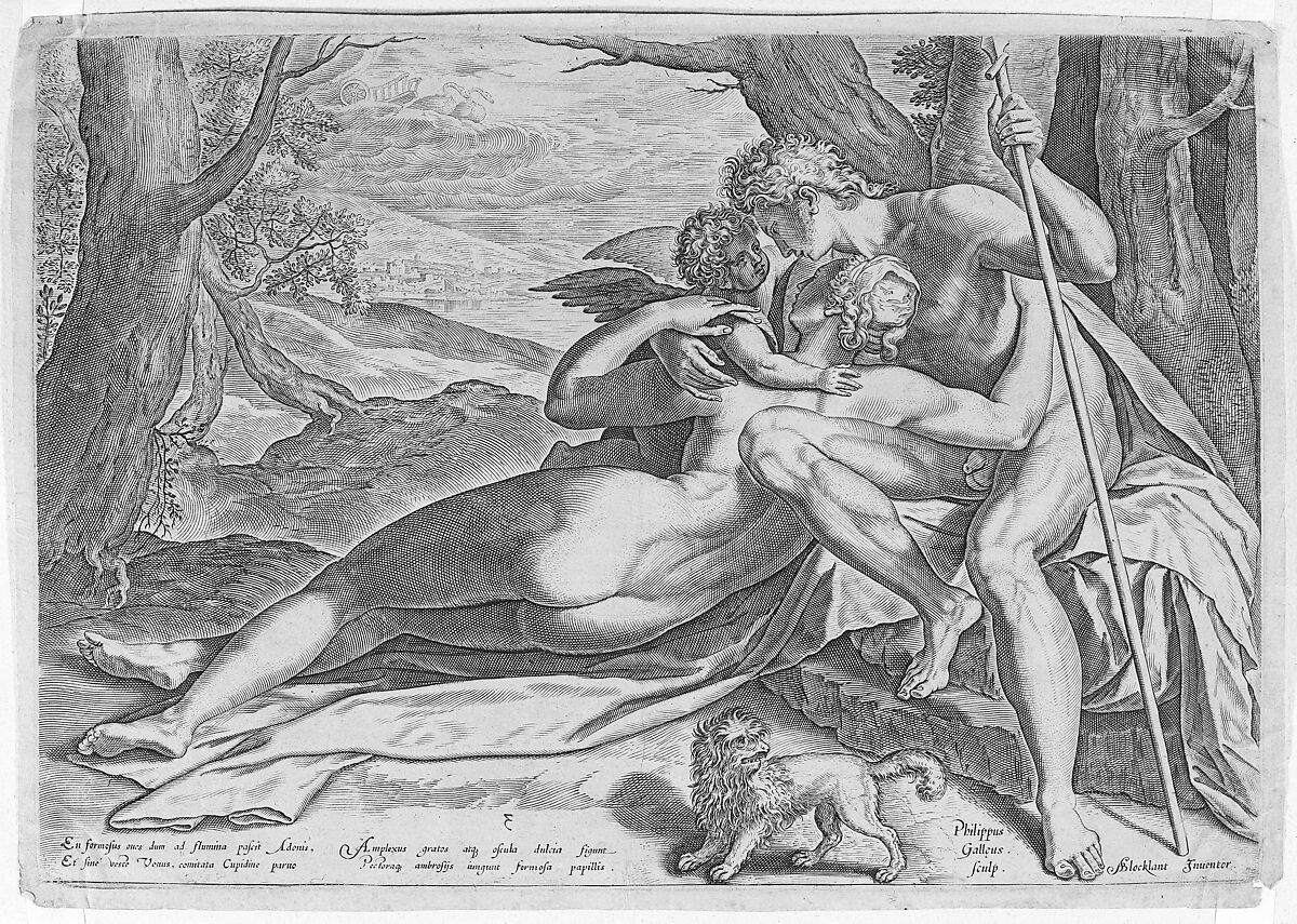 Venus and Adonis, from "The Story of Adonis", Philips Galle (Netherlandish, Haarlem 1537–1612 Antwerp), Engraving; second state of two 